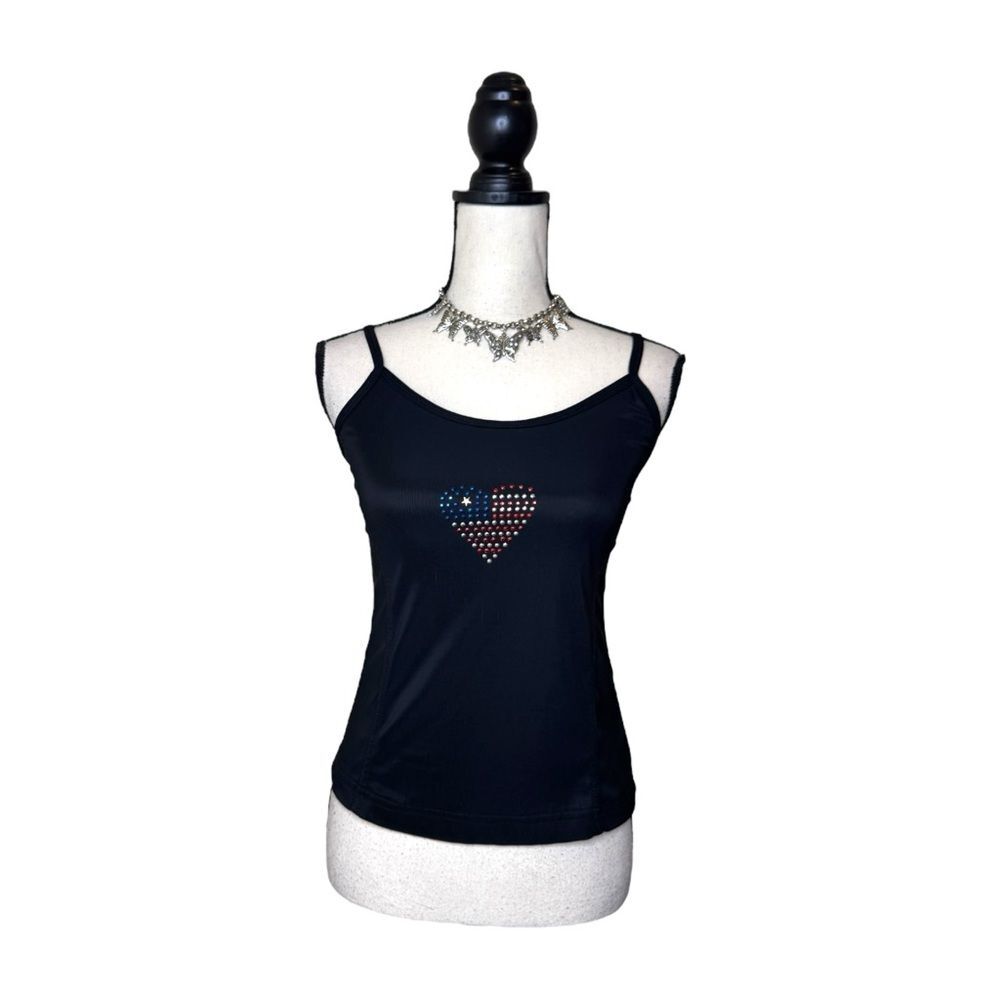 Vintage Pretty Girl Rhinestone American Flag Heart Black Cami Size Medium